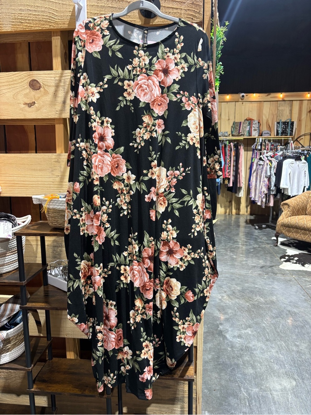 Black Floral Long-Sleeve Swing Dress - Pink Rose Print